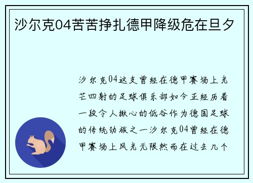 沙尔克04苦苦挣扎德甲降级危在旦夕